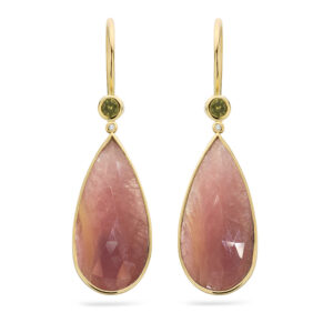14 k gouden oorhaken demantoid 3mm + 18K roze saffieren met diamant 1,8 mm
